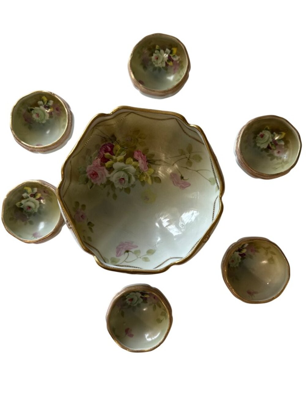 Vintage Hand-Painted Nippon Porcelain Serving Bowl & Dishes Set Gold Trim FLAW